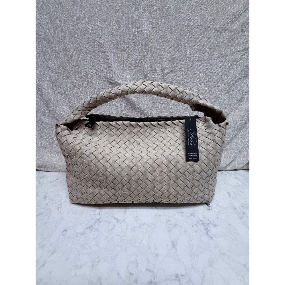 Falor Firenze F3047 Woven linen &Leather Handbag Naturale Nero Made in Italy NWT